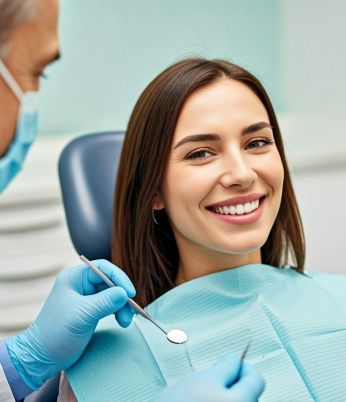 Mulher sorrindo no consultório dentista.